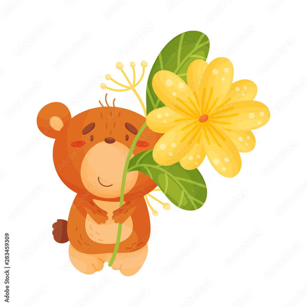 Cute bear with flowers. Vector illustration on white background. Stock