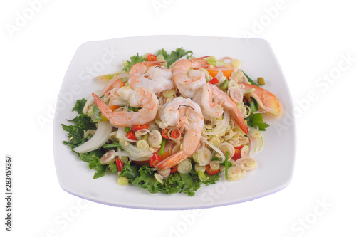 Thai Food, Spicy Lemongrass Salad with Shrimps on white background