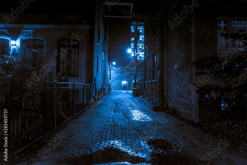 Fototapeta Dark and scary vintage cobblestone brick city alley at night in Chicago