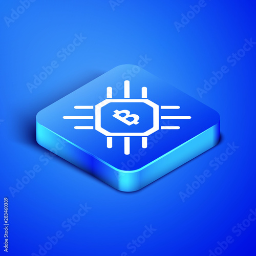 Isometric CPU mining farm icon isolated on blue background. Bitcoin sign inside processor. Cryptocurrency mining community. Digital money. Blue square button. Vector Illustration