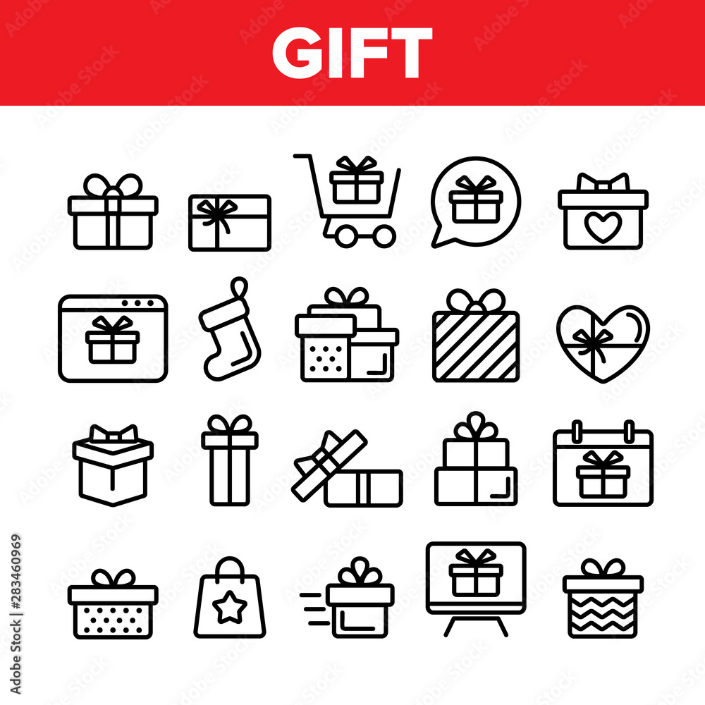 Collection Different Gift Sign Icons Set Vector Thin Line. New Year And Birthday Surprise Presents In Box And Gift Wrapping Assortment Linear Pictograms. Christmas Sock Contour Illustrations Collection Different Gift Sign Icons Set Vector Thin Line. New Year And Birthday Surprise Presents In Box And Gift Wrapping Assortment Linear Pictograms. Christmas Sock Contour Illustrations