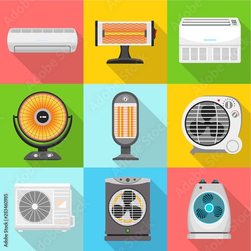 Electric heater icon set. Flat set of 9 electric heater vector icons for web design isolated on white background