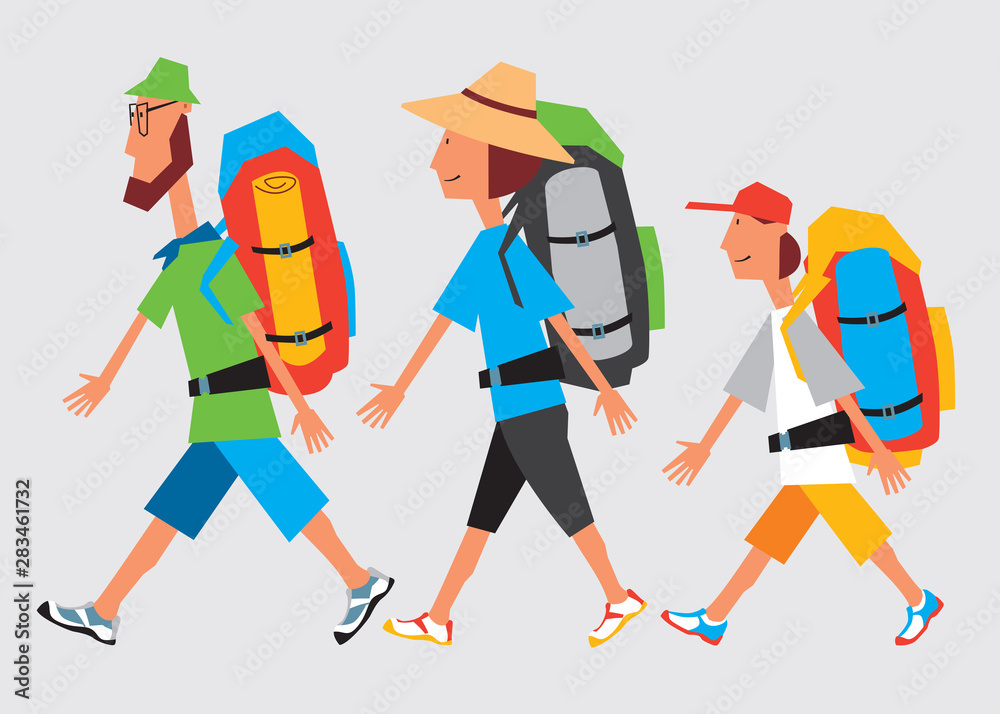 Family tourism Dad, mom, son are walking with backpacks. Isolate. Vector full color graphics