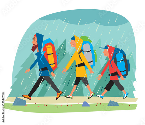 Hiking Dad, mom, son walk with backpacks in the taiga in the rain. Vector full color graphics