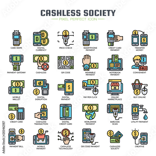 Cashless Society , Thin Line and Pixel Perfect Icons