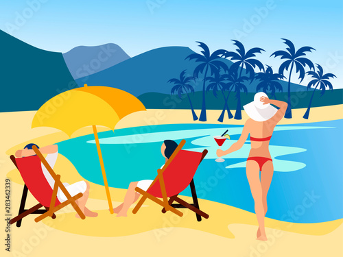 Relax on the beach. Drawing a dream, people at sea, a desert island. In minimalist style Cartoon flat raster