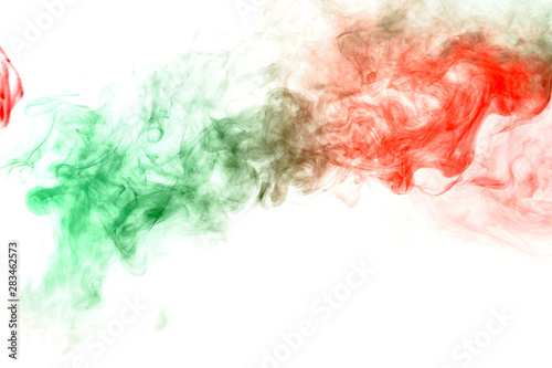 Column clouds of smoke and patterns texture of different forms of red and green colors with tongues of flame on a white isolated background. Print for t-shirt. Toxic ink.