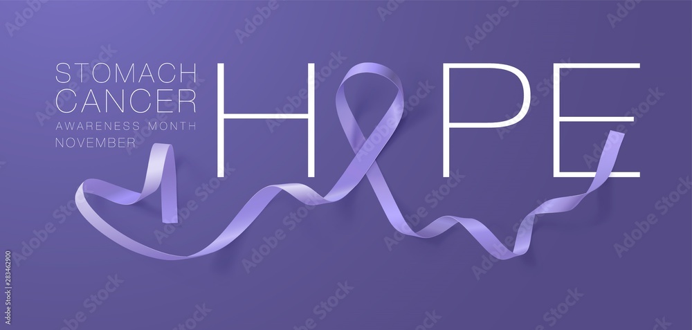 Hope. Stomach Cancer Awareness Calligraphy Poster Design. Realistic Periwinkle Ribbon. November is Cancer Awareness Month. Vector