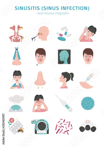 Nasal diseases. Sinusitis, sinus infection diagnosis and treatment medical infographic design