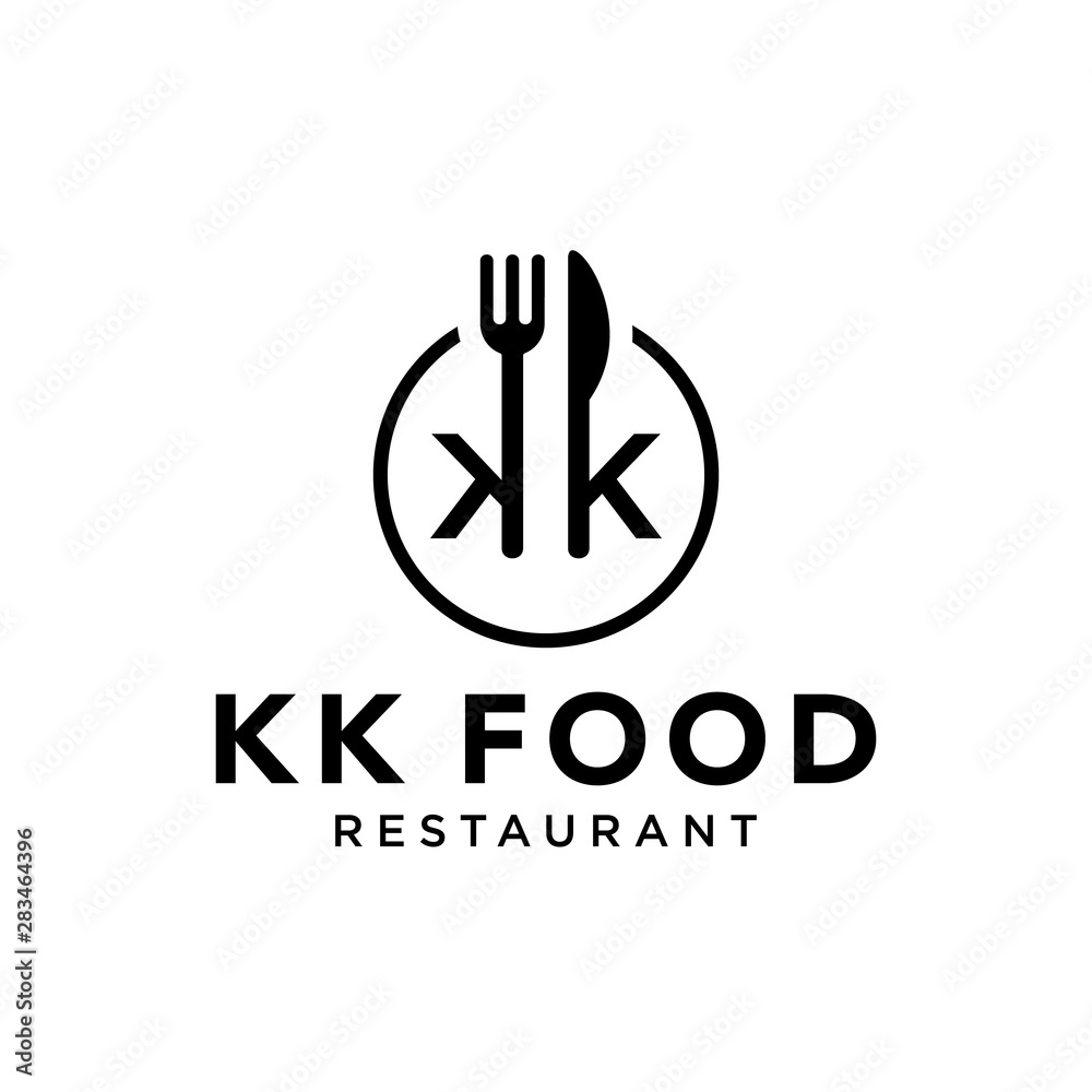 Fototapeta Ilustracja logo prosty i nowoczesny symbol KK z logo widelca i noża