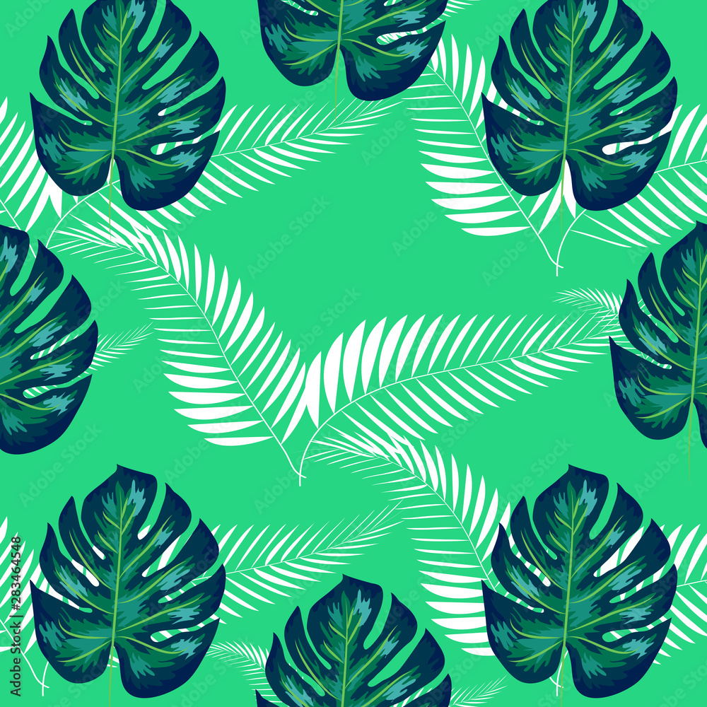 Nature seamless pattern. Hand drawn abstract tropical summer background: palm, monstera leaves in silhouette, line art, grunge, scribble textures. Nature seamless pattern. Hand drawn abstract tropical summer background: palm, monstera leaves in silhouette, line art, grunge, scribble textures.