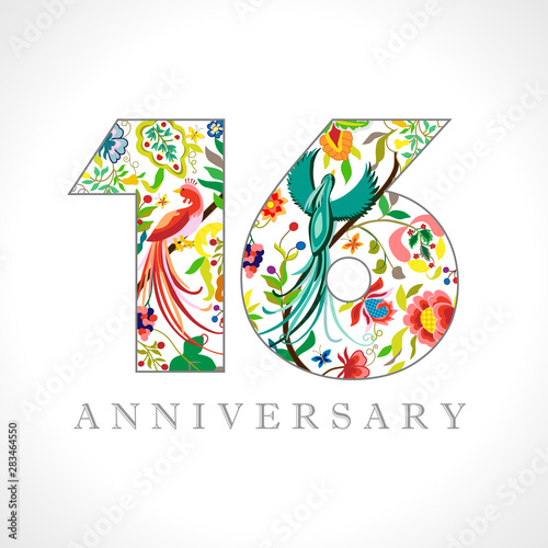 16 years old logotype. 16 th anniversary numbers. Decorative symbol. Age congrats with peacock birds. Isolated abstract graphic design template. Royal coloured digits. Up to 16% percent off discount.