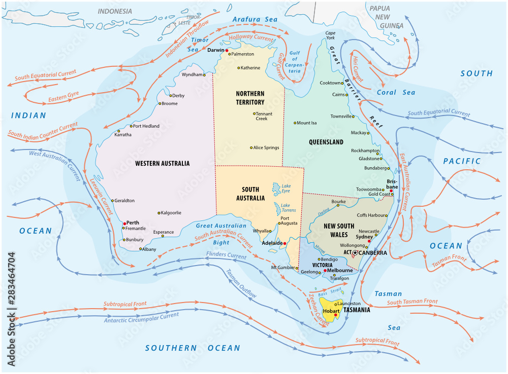 Map of the sea and coastal currents in the Australian region
