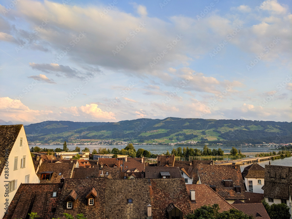 Overlook of the old town of Rapperswil and Lake Zurich from the walls of Rapperswil Castle, St. Gallen, Switzerland
