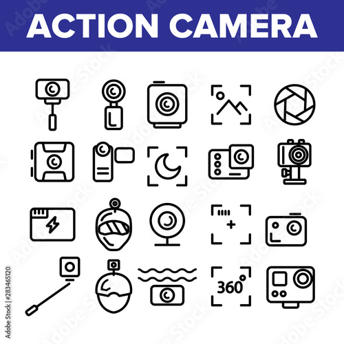 Collection Action Camera Sign Icons Set Vector Thin Line. Types Of Camera Linear Pictograms. Device Stick And Object Glass, Recording Mode And Watertight Housing Monochrome Contour Illustrations