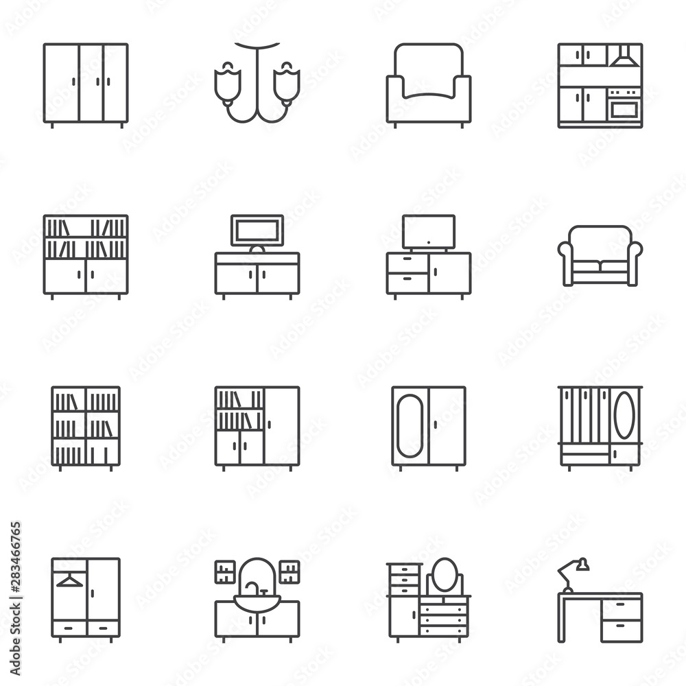 Interior furniture line icons set. linear style symbols collection, outline signs pack. vector graphics. Set includes icons as wardrobe, chandelier, armchair, kitchen, library, television, sofa, desk Interior furniture line icons set. linear style symbols collection, outline signs pack. vector graphics. Set includes icons as wardrobe, chandelier, armchair, kitchen, library, television, sofa, desk