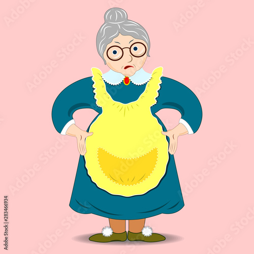 A flat drawing of an evil grandmother. Angry Granny with glasses Discontented cartoon character Granny. Isolated. Vector