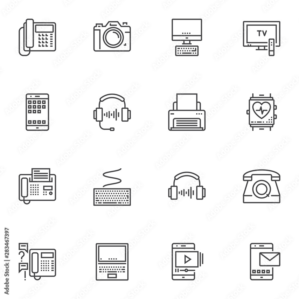 Electronic devices line icons set. linear style symbols collection, outline signs pack. vector graphics. Set includes icons as telephone, camera, computer monitor, tv, mobile phone, fax, headphones Electronic devices line icons set. linear style symbols collection, outline signs pack. vector graphics. Set includes icons as telephone, camera, computer monitor, tv, mobile phone, fax, headphones