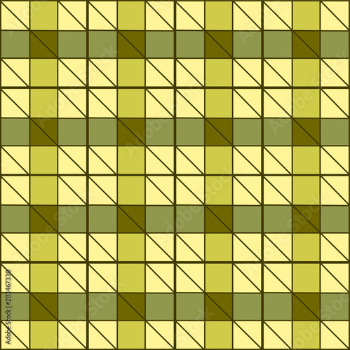 Gold geometric background with triangles and squares. Use for finishing fabrics, clothes, business card covers,  paper and bags. Block for creating blankets from parts. Repeating elements