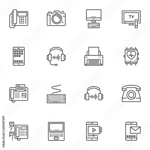 Electronic devices line icons set. linear style symbols collection, outline signs pack. vector graphics. Set includes icons as telephone, camera, computer monitor, tv, mobile phone, fax, headphones