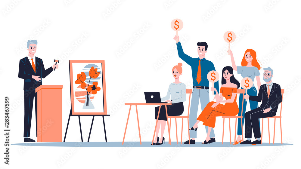 Auction concept. Taking action in auction and bidding price