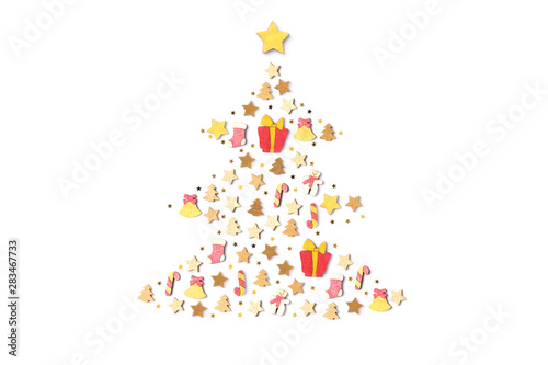 Christmas decorations objects in the shape of a Christmas fir tree isolated on white background. Top view, flat lay