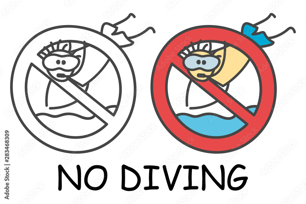Funny vector jumping stick man with a diving Mask in children's style. No diving no pool jump sign red prohibition. Stop symbol. Prohibition icon sticker for area places. Isolated on white background.