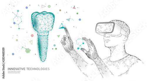 3d tooth innovation virtual reality polygonal concept. Dentistry implant symbol low poly triangle. Abstract oral dental medical care business. Connected dot particle modern vector illustration