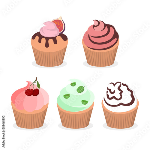 Sweet tasty cupcake set. Collection of delicious dessert w