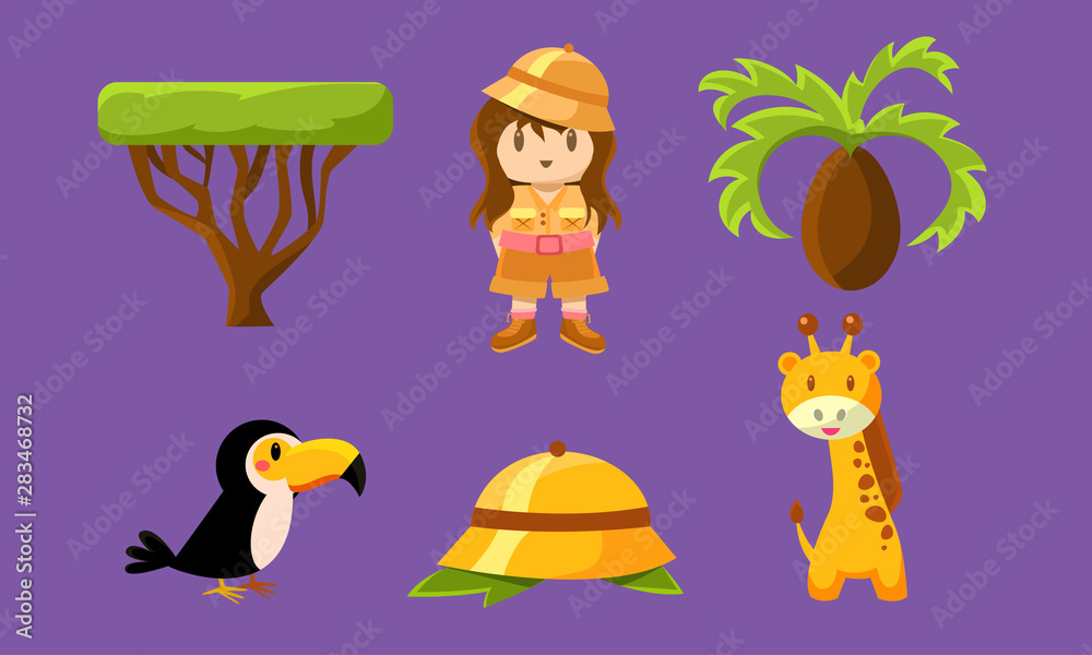Fototapeta premium Safari Symbols Set, African Animals, Trees and Girl in Safari Outfit Vector Illustration