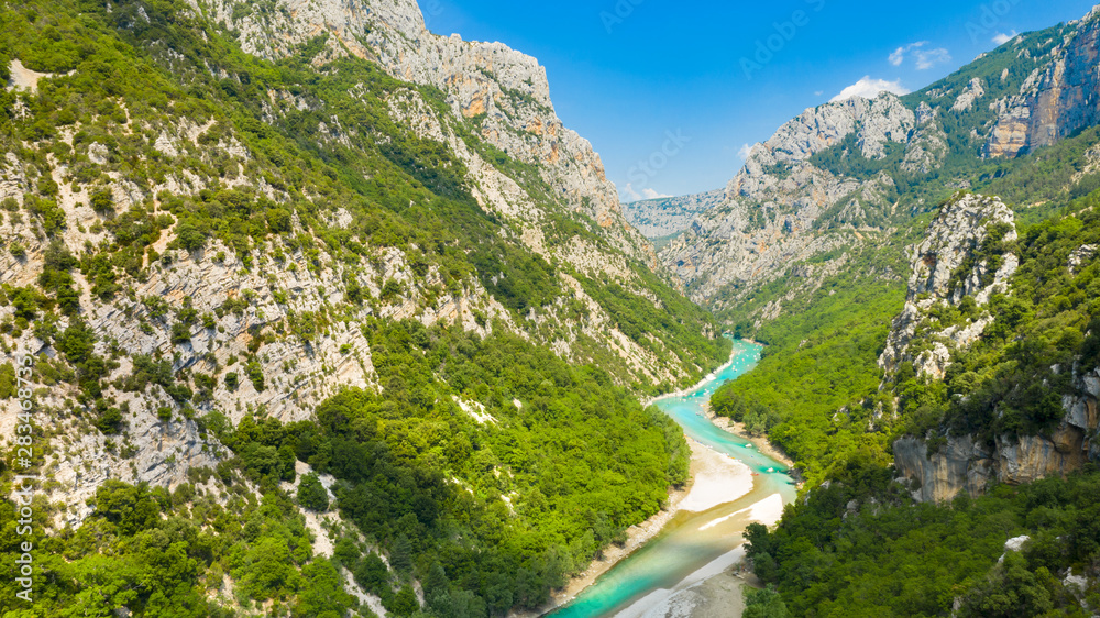 Panoramic view of the Gorges du Verdon, Grand Canyon, left bank. Aiguines, Provence, France.