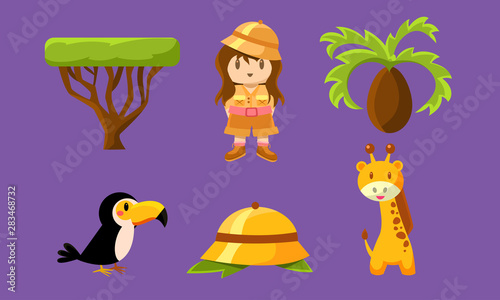Safari Symbols Set  African Animals  Trees and Girl in Safari Outfit Vector Illustration