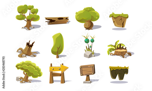 Elements of Summer Natural Landscape Set, User Interface Assets for Mobile App or Video Game Vector Illustration