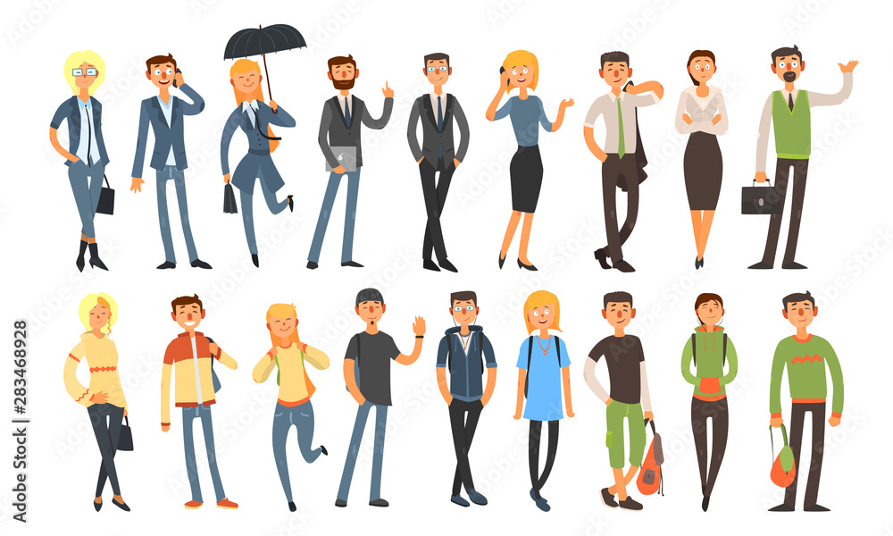 Different People Set, Cheerful Men and Women Wearing Casual Clothes and Business Suits Vector Illustration