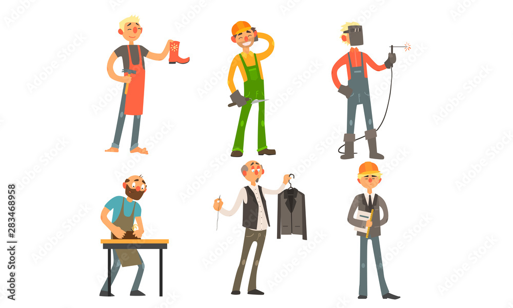 Men of Different Professions, Shoemaker, Builder, Welder, Carpenter, Tailor, Architect Vector Illustration Men of Different Professions, Shoemaker, Builder, Welder, Carpenter, Tailor, Architect Vector Illustration