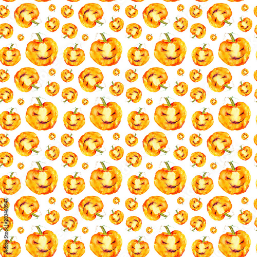Festive pumpkin smiles on Halloween holiday. Watercolor illustration isolated on white background.Seamless pattern