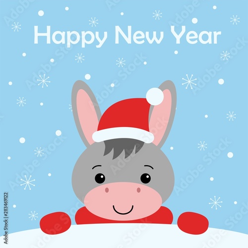 Merry Christmas and Happy New year Funny donkey in red hat cartoon style. Greeting card. © YuliaR