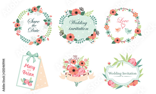 Floral Frame Collection, Wedding Invitation, Save the Date Card Design Elemets, Frame Beautiful with Blooming Flowers Vector Illustration
