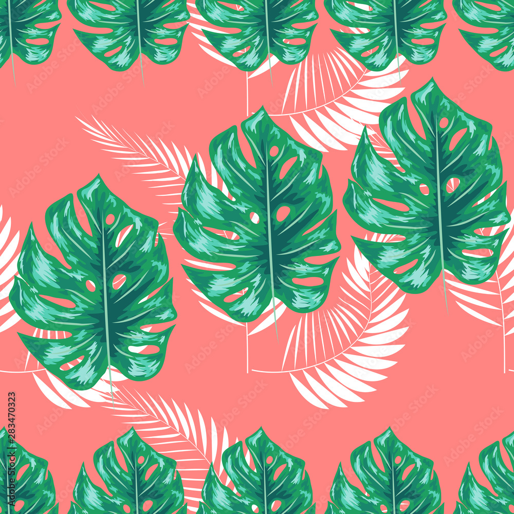 Naklejka premium Tropical leaf design featuring navy Palm and blue Monstera plant leaves on a pink background. Seamless pattern.