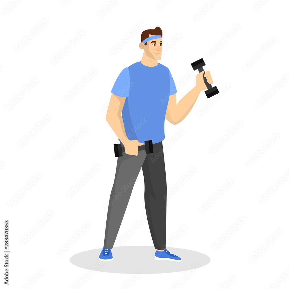 Man in sport clothes standing and holding dumbbell. Man in sport clothes standing and holding dumbbell.