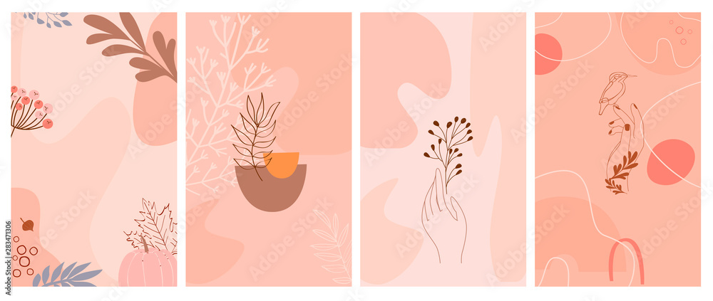 Plakat Zestaw streszczenie tło pionowe z jesiennych elementów, kształtów, roślin i ludzkich rąk w jednym stylu linii. Tło minimalistycznego stylu strony aplikacji mobilnej. Ilustracji wektorowych