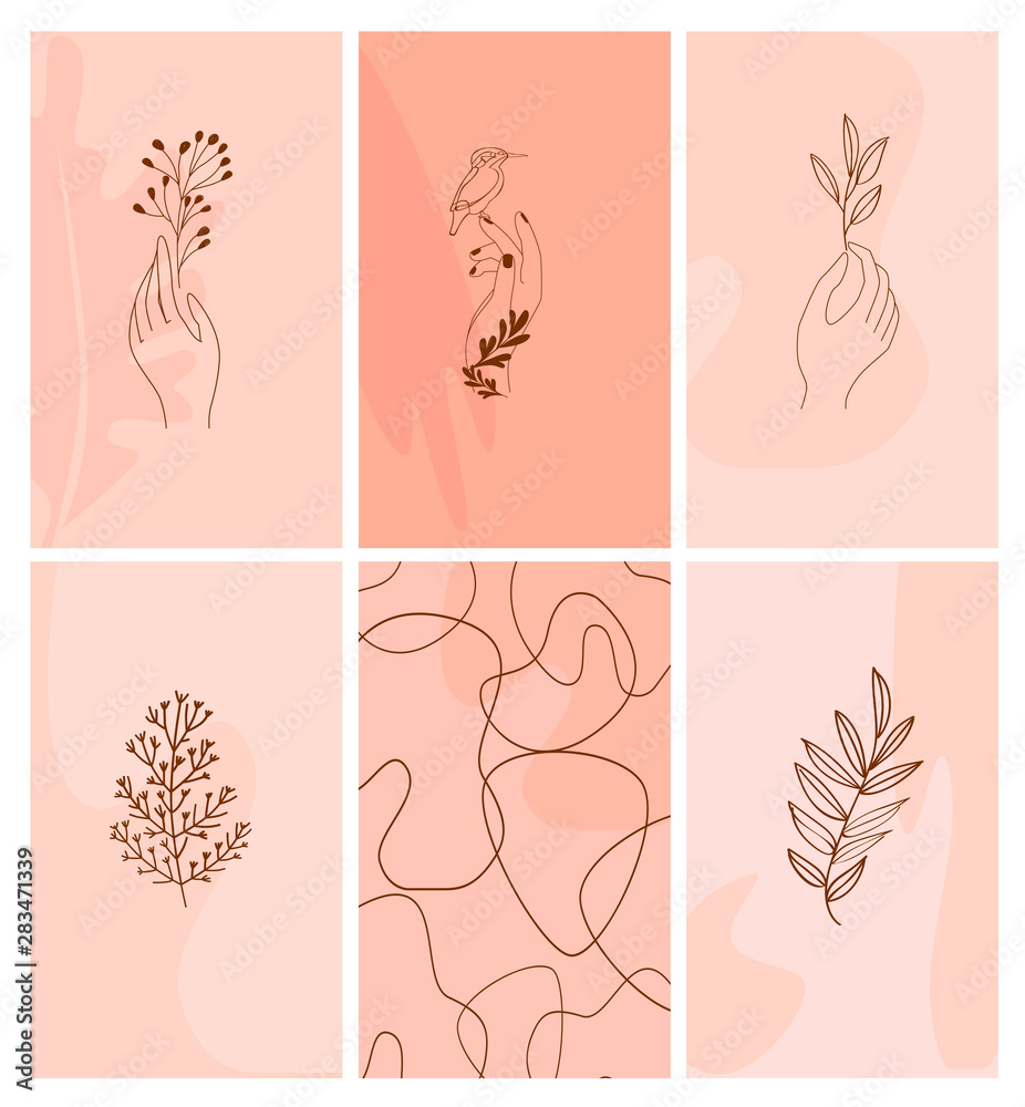 Fototapeta Set of abstract vertical background with autumn elements, shapes, plants and human hands in one line style. Background for mobile app page minimalistic style. Vector illustration