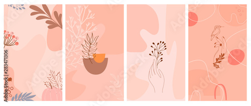 Plakat Zestaw streszczenie tło pionowe z jesiennych elementów, kształtów, roślin i ludzkich rąk w jednym stylu linii. Tło minimalistycznego stylu strony aplikacji mobilnej. Ilustracji wektorowych