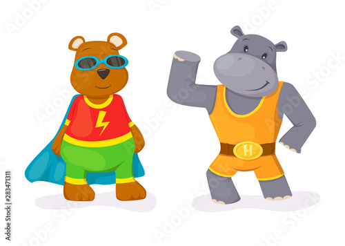 Superhero animal kids with a superhero cape and masks. Hippo and bear character in super hero costume vector illustration isolated.