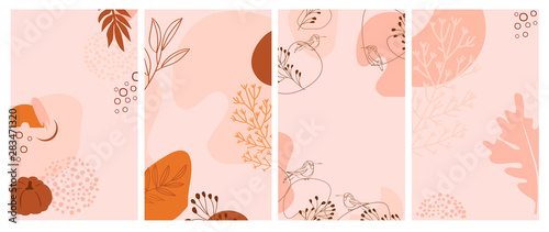 Set of abstract vertical background with autumn elements, shapes and plants in one line style. Background for mobile app page minimalistic style. Vector illustration