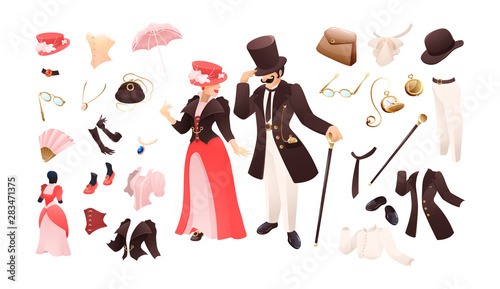 Vintage fashion collection. Lady and gentlemen retro clothing and fashion accessories tie, watch, cane, hat, coat, umbrella, corset, shoes men's women's fashion vector illustration