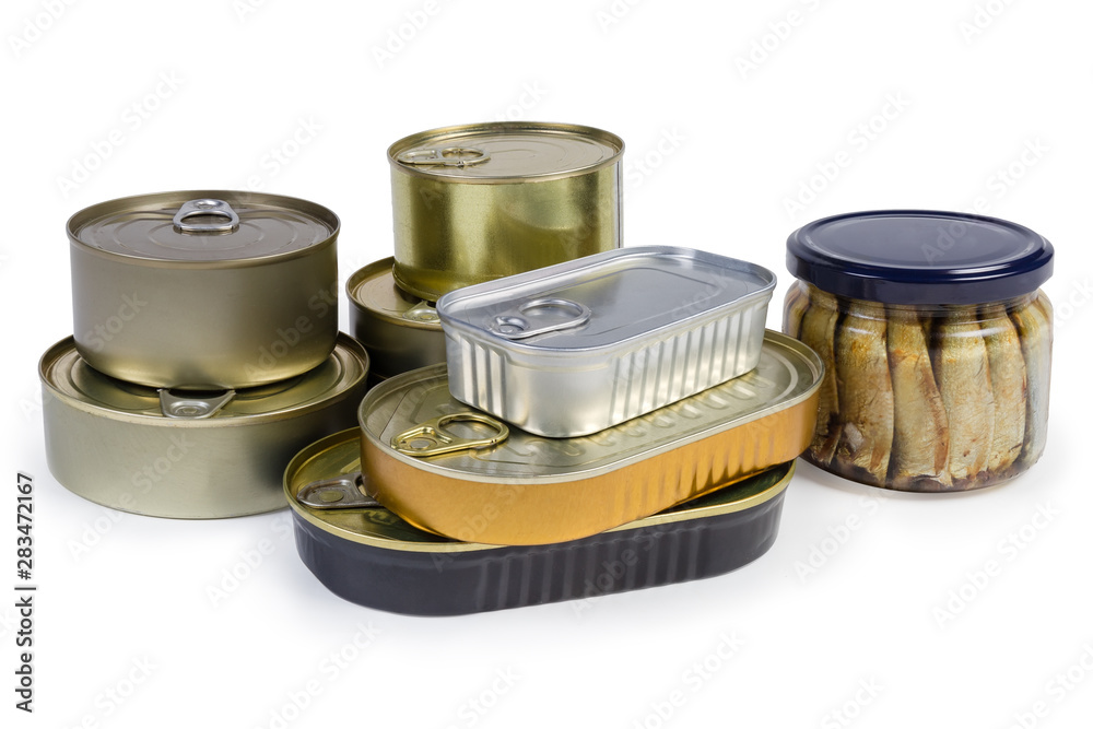 Canned fish in different sealed tin cans and glass jar Canned fish in different sealed tin cans and glass jar