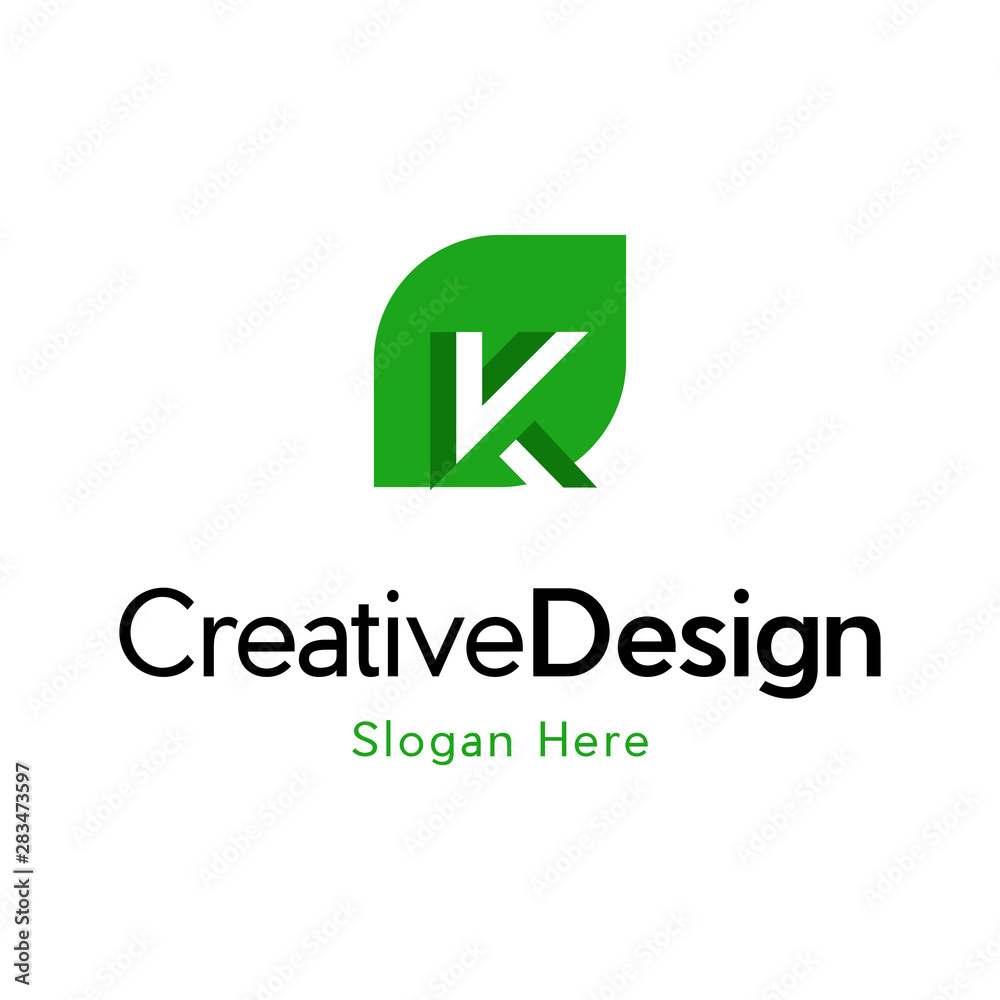 Letter K leaf logo design, Nature Leaf Letter K Vector Logo Template