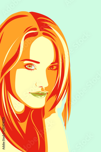 Fashion illustration of young woman with perfect hair. Charming teen girl porttrait. Vector beautiful female face.
