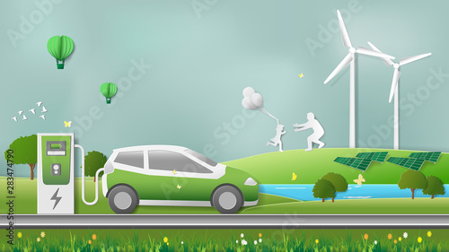 Paper folding art origami style vector illustration. Green sustainable energy ecology development, environment friendly concept. Electric car power charging, family resting in natural park background